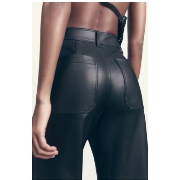 ZARA The Patch Pockets Marine Straight Faux Leather Pants BLACK 4 Ankle Crop - Picture 4 of 15